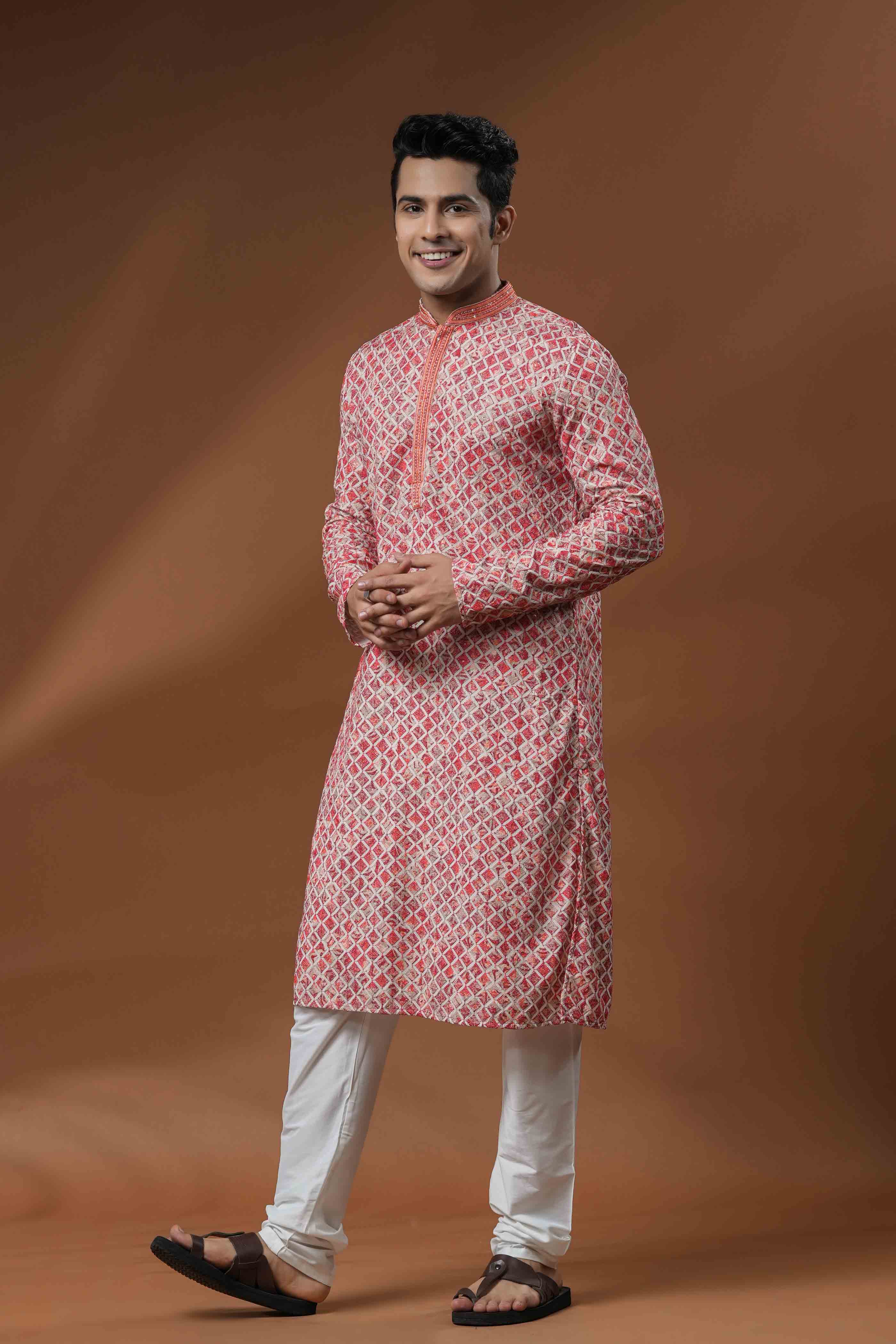 Red Chikankari Printed Kurta